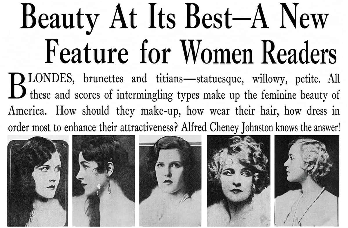 Alfred Cheney Johnston beauty types: the newspaper’s 1928 announcement of his series Beauty at Its Best, with five of his studio portraits