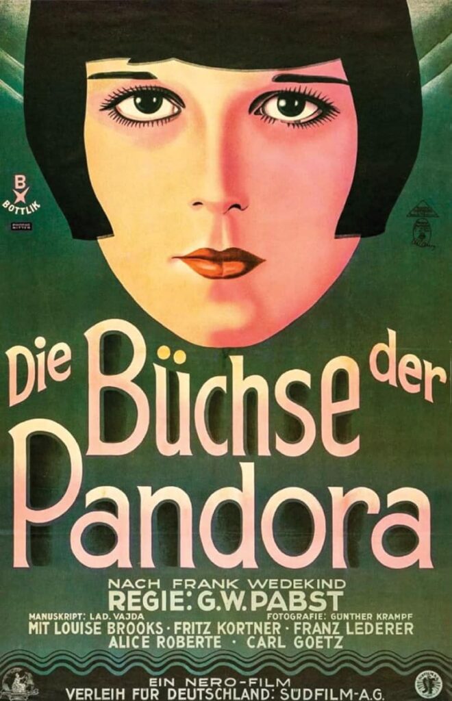 German poster for Pandora's Box (Die Buchse der Pandora, 1929), directed by G. W. Pabst, with a stylised art-deco portrait of Louise Brooks in her black bob against a green ground