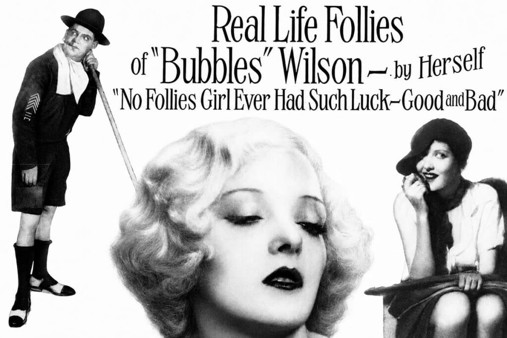 Tabloid feature headed 'Real Life Follies of Bubbles Wilson — by Herself,' with a large portrait of Mary Nolan flanked by a uniformed messenger boy and a seated woman.