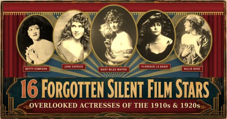 Vintage film poster banner for 16 Forgotten Silent Film Stars, with portraits of Betty Compson, June Caprice, Mary Miles Minter, Florence La Badie, and Billie Dove; AI-assisted vintage poster artwork.
