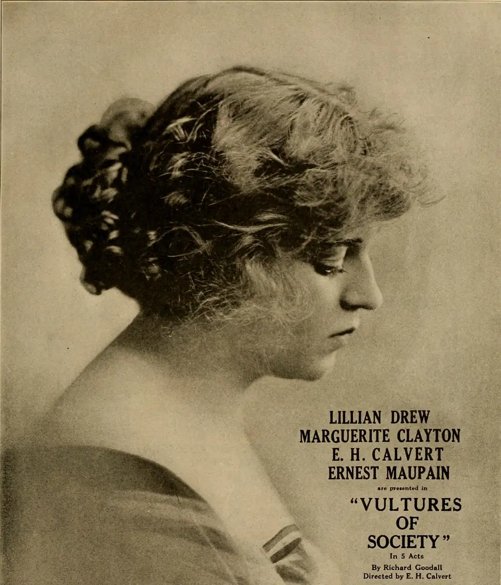 Essanay advertisement for Vultures of Society, starring Lillian Drew, Moving Picture World, January 1916. Public domain.
