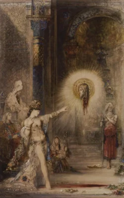 Gustave Moreau, The Apparition (1876): Salome points at the glowing severed head of John the Baptist