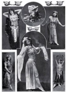 A Few of the Multitude of Salomes Now Dancing in America — composite photograph in The Sketch, 1908, showing six Salome dancers including Eva Tanguay, La Sylphe, and Lotta Faust