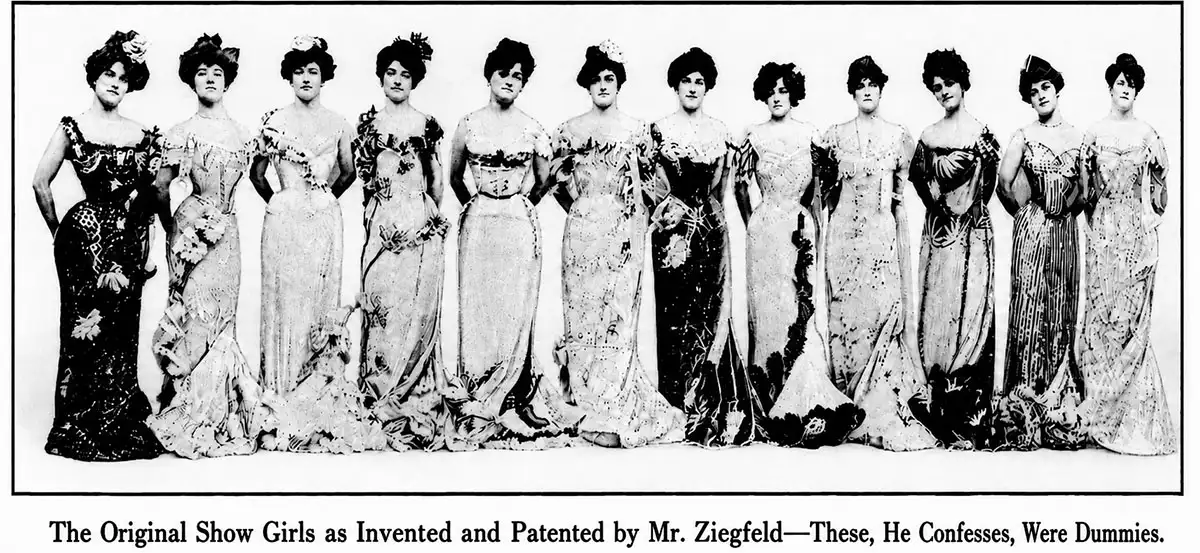 What Earthly Use Is a Show Girl? Twelve women in elaborate floor-length evening gowns posed shoulder to shoulder in a row, captioned in the newspaper.