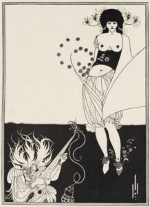 Aubrey Beardsley, The Stomach Dance, 1893, line block print — Salome dancing above a grotesque musician