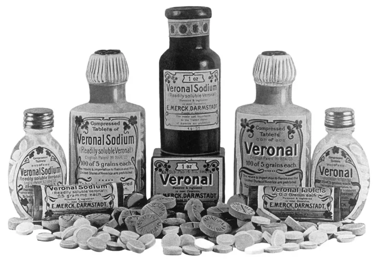 Silent film actresses who died young: Merck’s promotional photograph for Veronal, 1912 — bottles, tins, and loose tablets of the first mass-market barbiturate. Public domain.