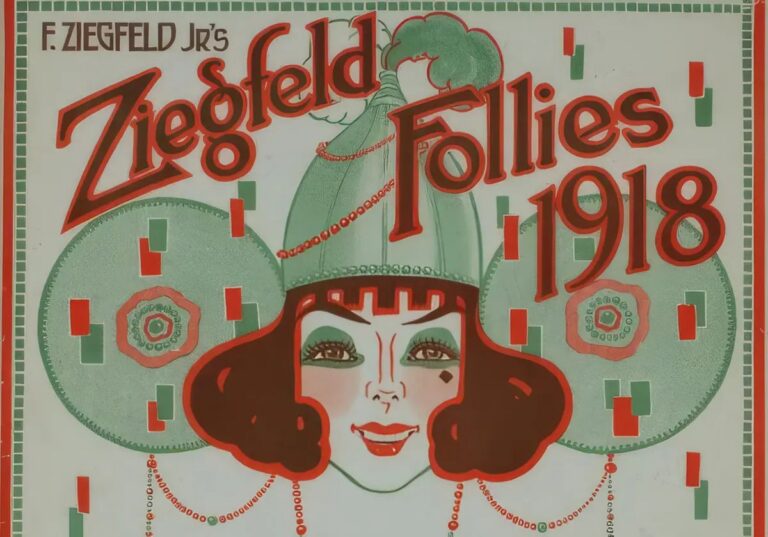 Poster for F. Ziegfeld Jr.'s Ziegfeld Follies of 1918, a stylized showgirl in a beaded green cap framed by art-deco fans. Public domain.