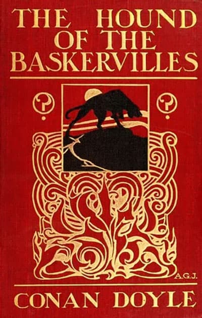 Red cloth first-edition binding of Arthur Conan Doyle's The Hound of the Baskervilles, stamped in gilt with a hound on the moor