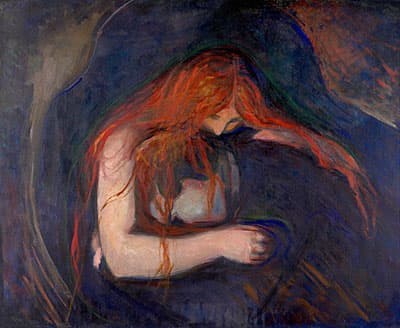 Edvard Munch's 1895 painting Vampire, showing a red-haired woman bending over a man's neck