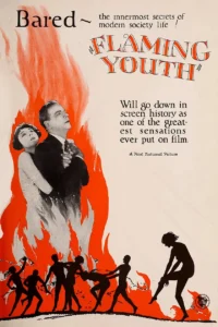 Poster for the 1923 First National film Flaming Youth, showing a bobbed young woman clinging to a man against orange flames. Public domain.