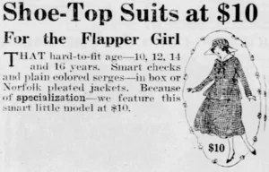 Ad for flapper girl suits, The Pittsburgh Press, March 31, 1916, page 25. Public domain.
