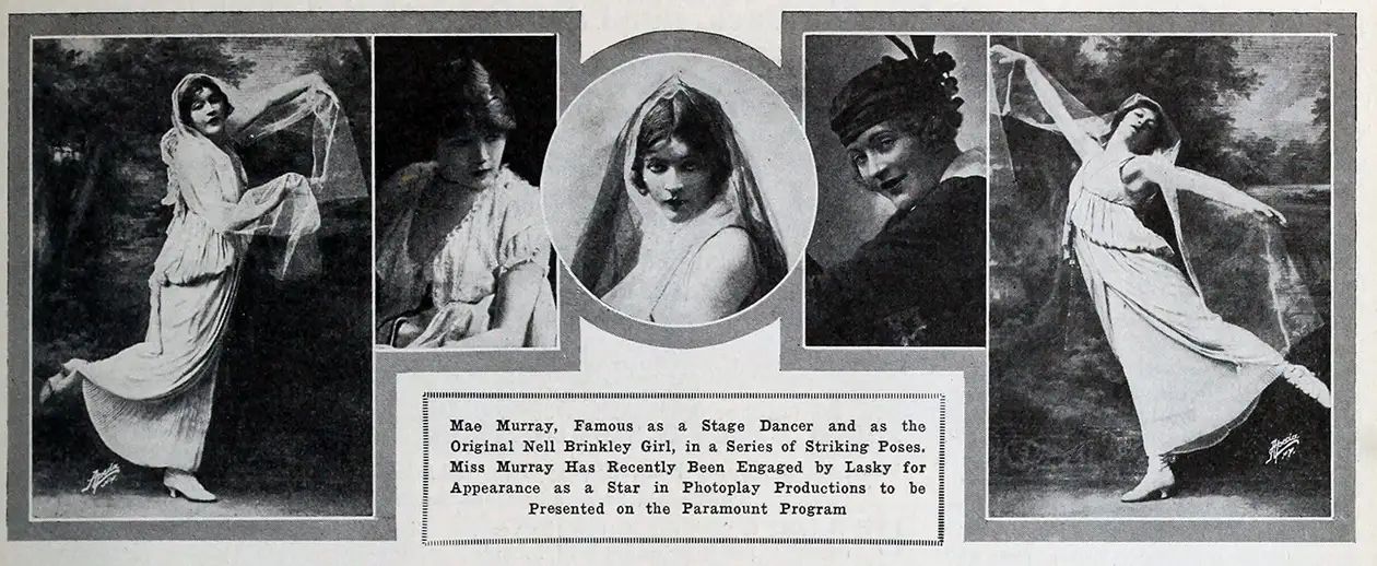 Motion Picture News photo spread of Mae Murray in five dance poses, announcing her Lasky film contract, December 1915