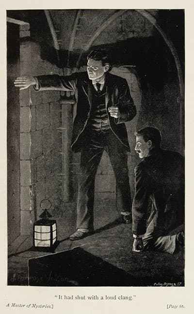Illustration from A Master of Mysteries: a man holding a lantern in a doorway while another crouches beside a heavy door