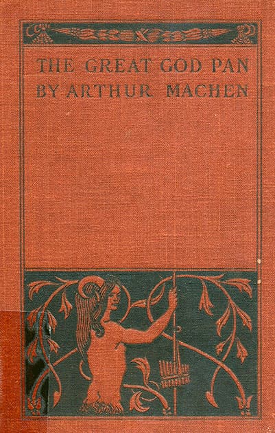 Aubrey Beardsley's 1894 cover design for Arthur Machen's The Great God Pan, a piping faun among vines stamped on orange cloth