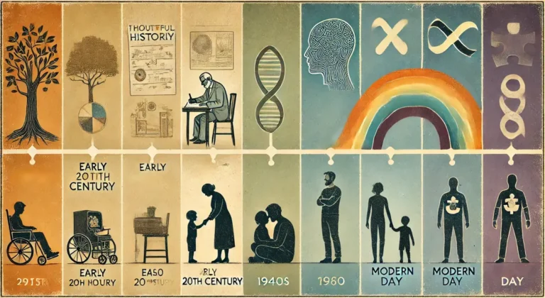 Illustrated timeline of how autistic people have been depicted, from early twentieth-century figures to modern symbols including the infinity sign and puzzle piece