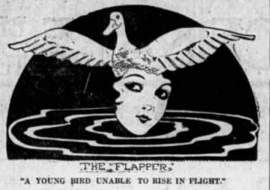 Flapper age: drawing of a fledgling bird over a girl, Beloit Daily News, December 30, 1916