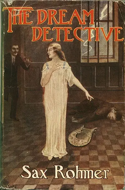 Pictorial jacket for Sax Rohmer's The Dream Detective, showing a woman in white standing over a body in a tiled room