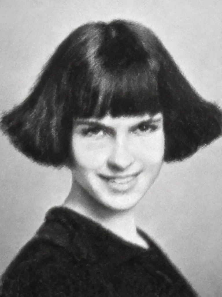 Louise Brooks at about fifteen in her 1922 Wichita High School yearbook portrait, already wearing a dark Dutch bob with straight-cut bangs before she moved to New York (light digital reconstruction)