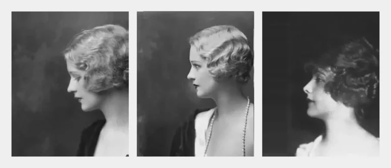 Three profile photographs of Marie Stevens by Alfred Cheney Johnston, showing the same platinum marcel wave hairstyle and jewelry in different poses