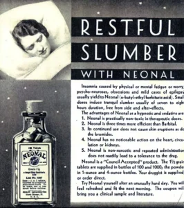 Advertisement for Neonal barbiturate sleeping pills, Journal of the American Medical Association, July 26, 1930.