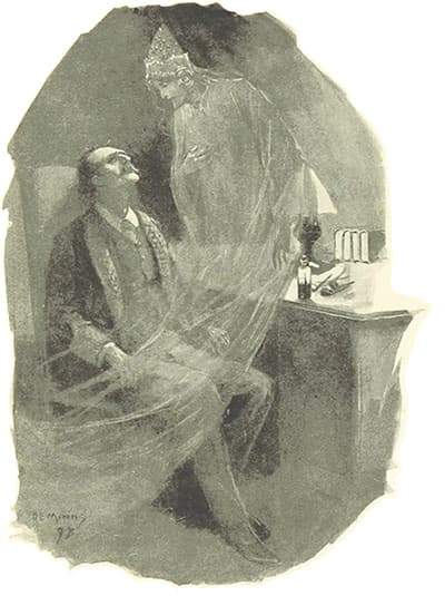 Illustration from Ghosts: Being the Experiences of Flaxman Low, showing a pale spectral figure rising behind a seated man