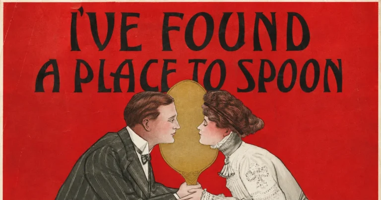 Sheet-music cover for "I've Found a Place to Spoon": a man and a woman leaning in to kiss against a red background